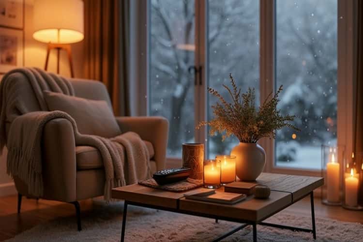 Cozy living room snowfall